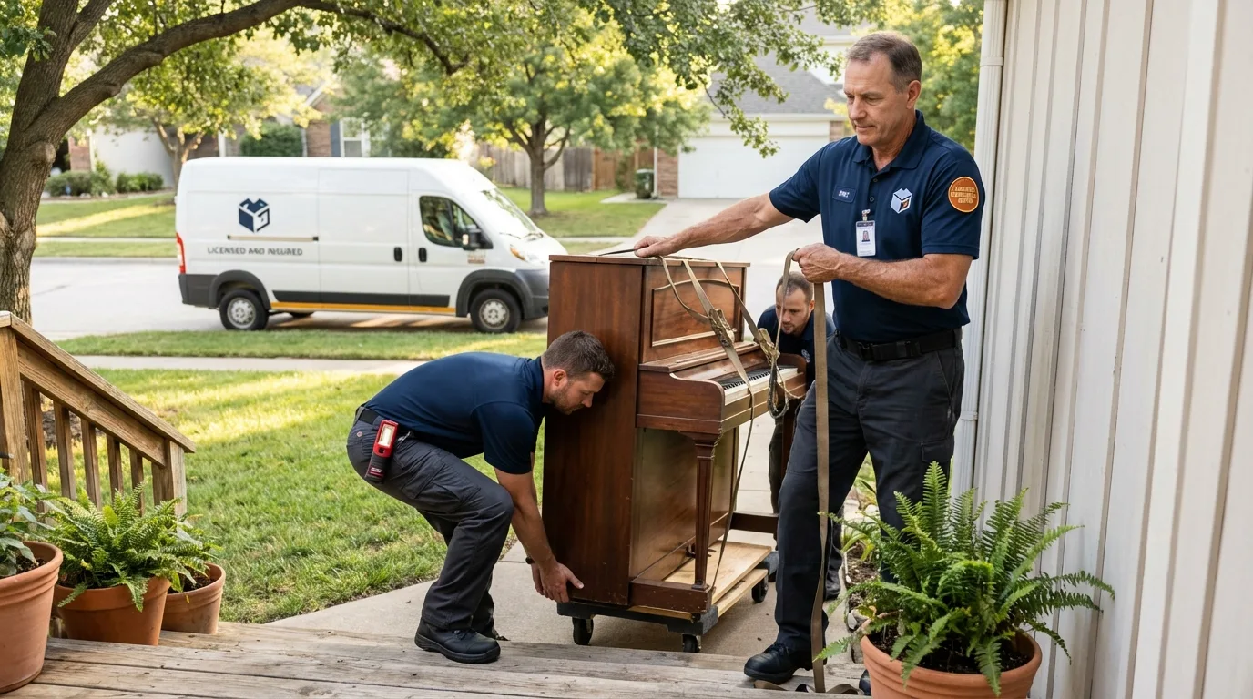 Licensed piano movers securing grand piano in Eaton, OH