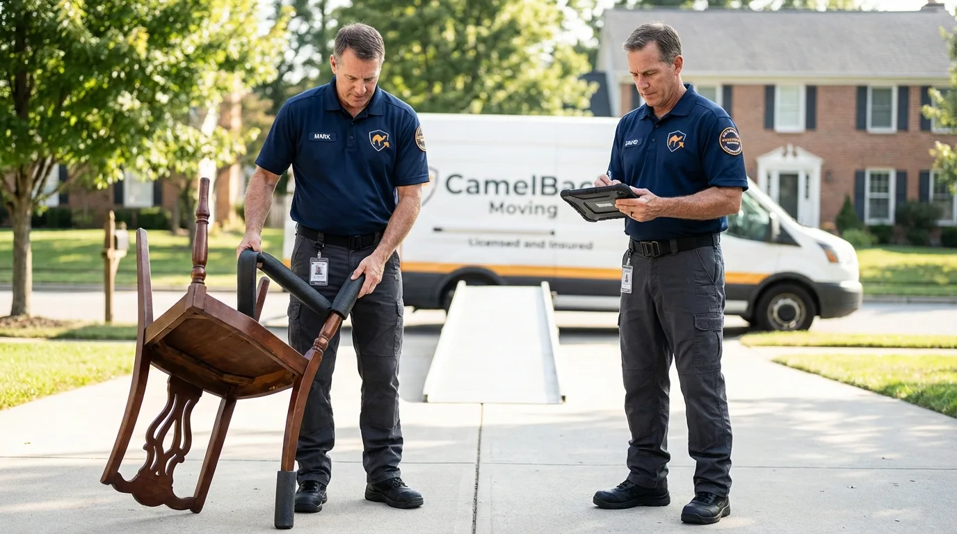 Movers inspecting furniture for damage prevention before loading in Eaton, OH