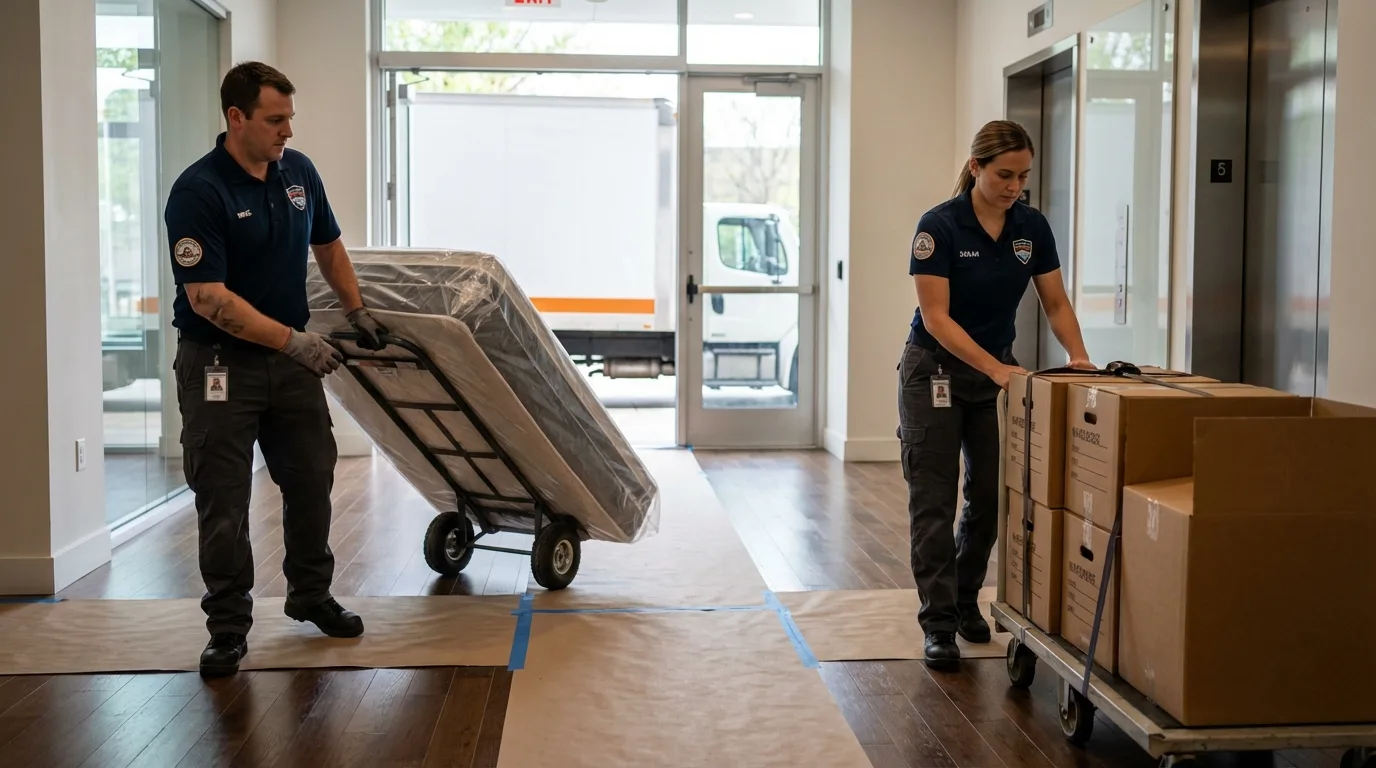 Professional apartment movers loading elevator in Eaton, OH