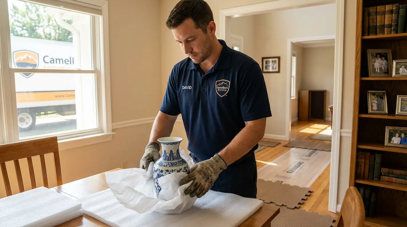 Professional crew carefully wrapping antique vase for senior downsizing move in Eaton, OH